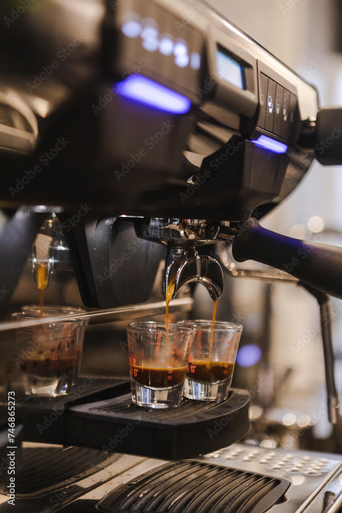 Espresso Brewing in Coffee Shop Espresso Brewing in Coffee Shop