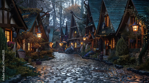 Fantasy Village Set with Whimsical Houses, Cobblestone Streets, and Magical Lighting. Concept of Fairy Tales and Imagination