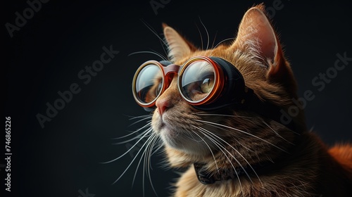 Portrait of gorgeous fluffy red cat wearing moony sunglasses against darkness