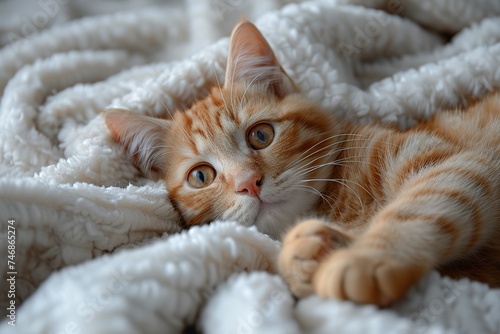 Cute tabby kitten sleep on white soft blanket. Cats rest napping on bed. Comfortable pets sleep