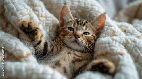 Cute tabby kitten sleep on white soft blanket. Cats rest napping on bed. Comfortable pets sleep © Vasiliy