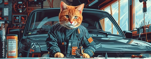 A cat mechanic repairs a car in a car service station using tools