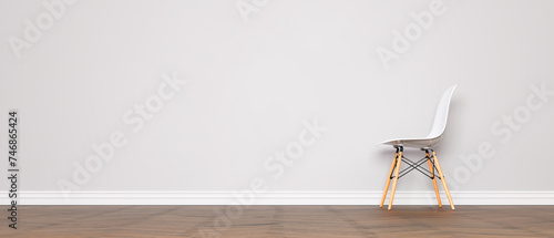 White chair with wooden legs, in a lateral position, close to a wall, on a parquet floor. Place for text, mockup, copy space. Minimal concept. 3d illustration. photo