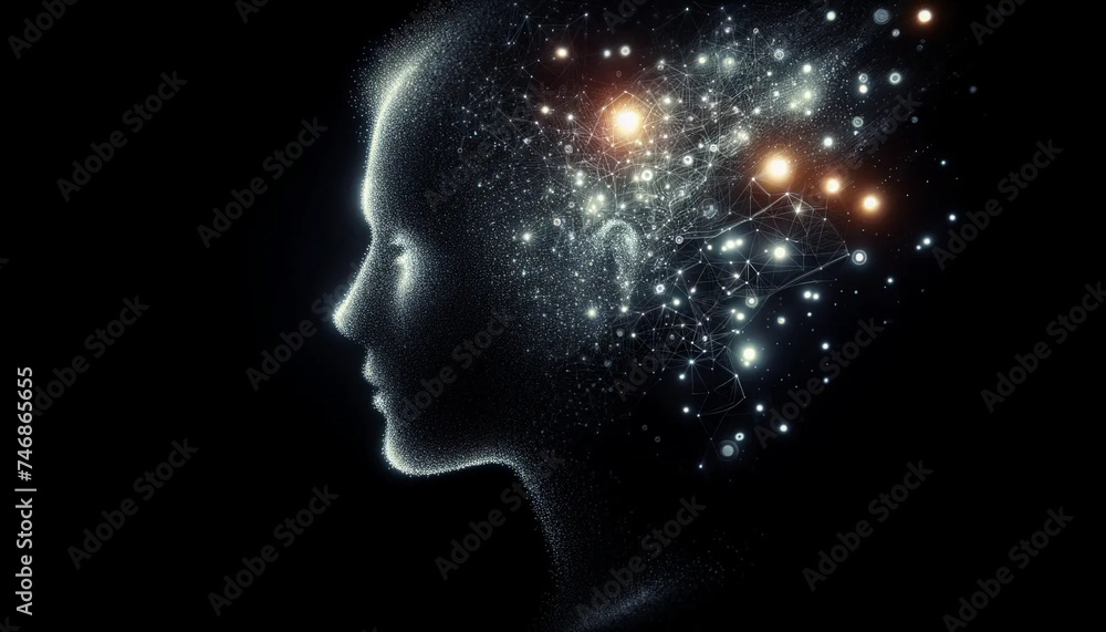An illustration of the side silhouette profile of a person, filled with glowing points of light representing AI artificial technology wallpaper background An illustration of the side silhouette profile of a person, filled with glowing points of light representing AI artificial technology wallpaper background