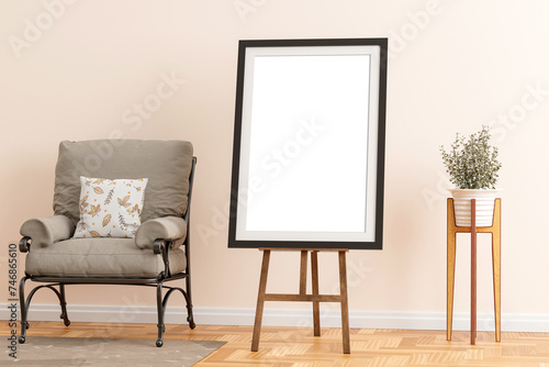 Easel wooden photo display holder stand, next to sofa and wooden stand with matte vase