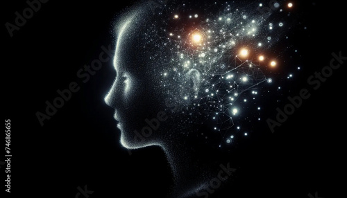 An illustration of the side silhouette profile of a person  filled with glowing points of light representing AI artificial technology