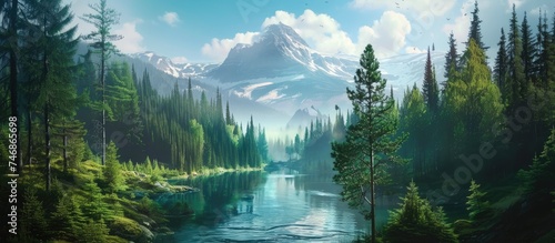 A painting depicting a stunning mountain lake embraced by a dense evergreen forest on each side. The tranquil scene captures the beauty of nature with a serene river flowing through the landscape.