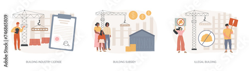 Construction permit isolated concept vector illustration set. Building industry license, government grant and subsidy, illegal construction, home financing, new house, demolition vector concept.