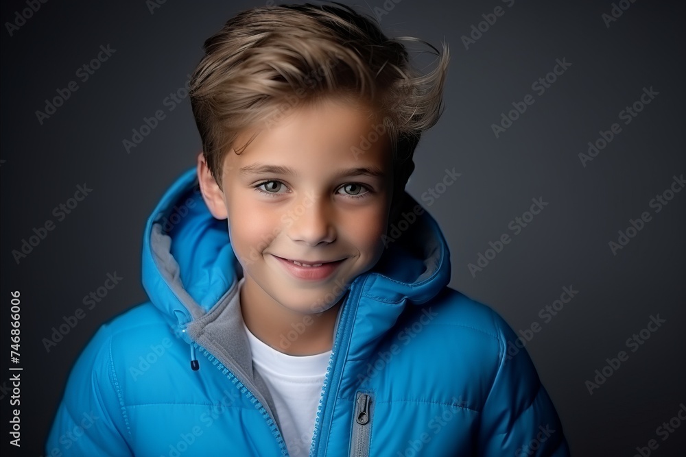 Portrait of a smiling boy in a blue jacket. Studio shot. Portrait of a smiling boy in a blue jacket. Studio shot.