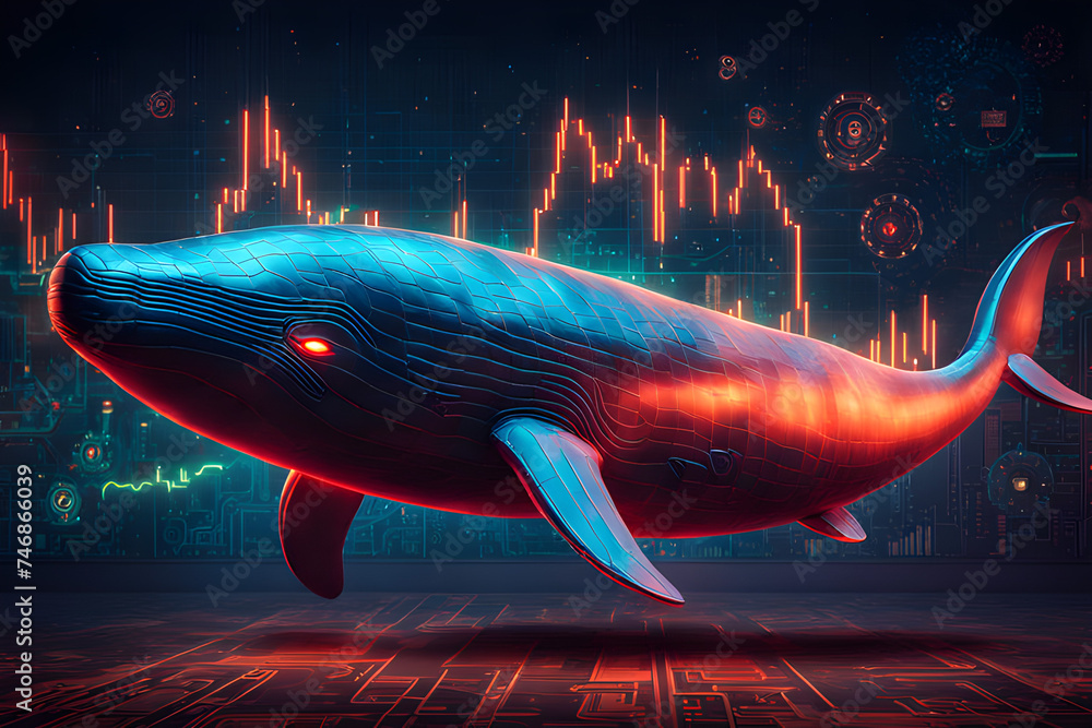 The concept of cryptocurrency mining. Fantasy on the theme of cryptocurrency whales, a 3D technological pseudo-realistic whale in a technologically modern design. The concept of cryptocurrency mining. Fantasy on the theme of cryptocurrency whales, a 3D technological pseudo-realistic whale in a technologically modern design.