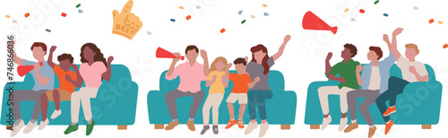 Supporters cheering for their team, people happily watching sports, spectators watching the game. Vector illustration set. チームを応援するサポーター、楽しそうにスポーツを観戦する人々、試合を観戦する観客たち、応援する子供たちのベクターイラスト素材セット