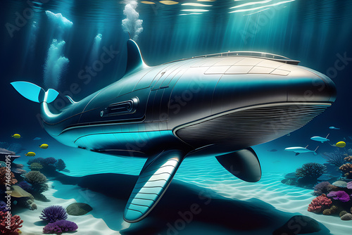 The concept of cryptocurrency mining. Fantasy on the theme of cryptocurrency whales, a 3D technological pseudo-realistic whale in a technologically modern design. 