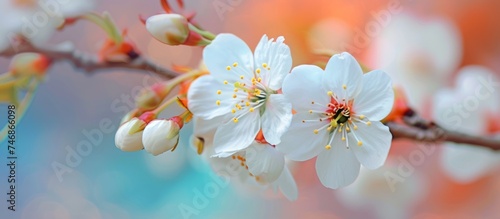 Delicate White Blossom on Branch with Soft Blurred Background - Tranquil Nature Scene