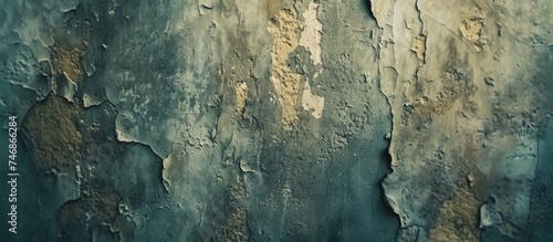 A detailed view of a concrete wall with peeling paint, showing the layers of plaster and texture underneath.
