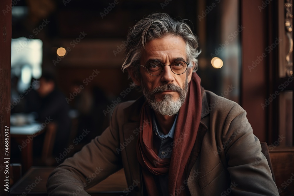 Portrait of senior man with grey hair and beard in glasses sitting in cafe. Portrait of senior man with grey hair and beard in glasses sitting in cafe.