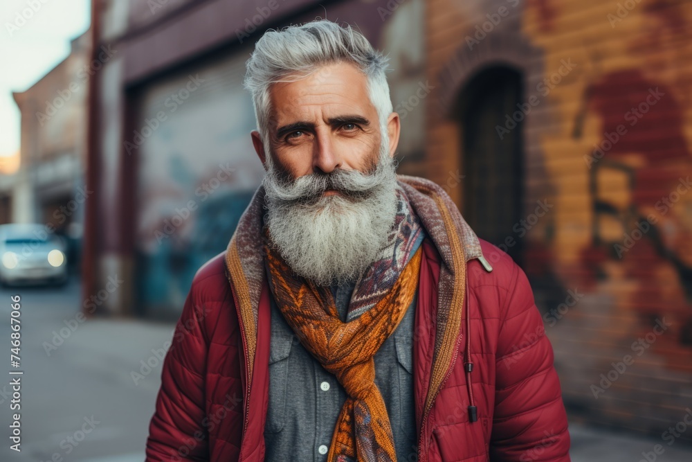 Portrait of a handsome bearded man with gray beard and mustache in a red jacket on a city street