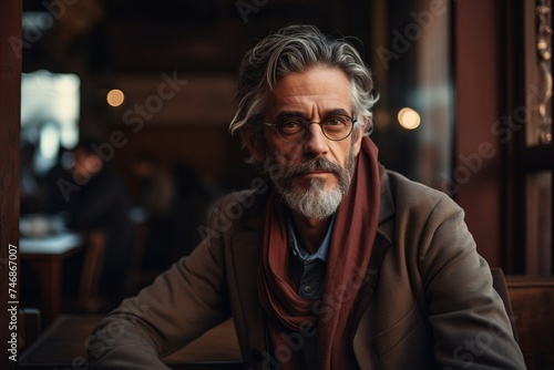 Portrait of senior man with grey hair and beard in glasses sitting in cafe.