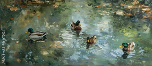 The painting depicts a group of ducks swimming and diving in a pond. The ducks are actively moving through the water, creating ripples and waves as they swim. © 2rogan
