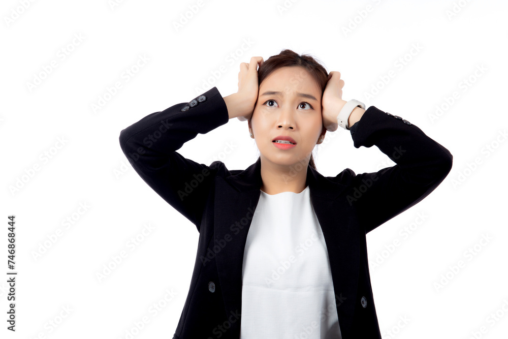 Portrait young asian businesswoman unhappy and angry isolated white background, expression and emotion, business woman annoyed and worried, aggressive and anxiety, female stress and depressed. Portrait young asian businesswoman unhappy and angry isolated white background, expression and emotion, business woman annoyed and worried, aggressive and anxiety, female stress and depressed.