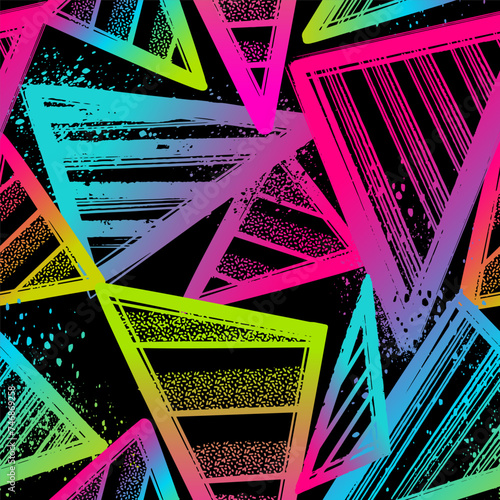 Abstract seamless chaotic pattern with urban geometric elements, scuffed, drops, triangles, spots, sprays Grunge neon texture background. Wallpaper for boys and girls