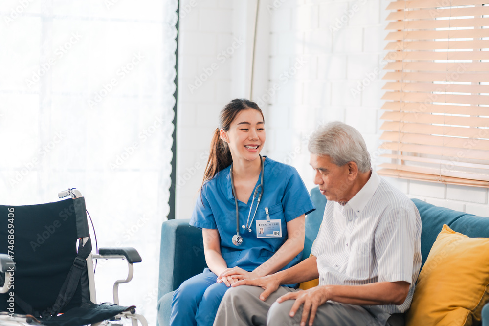 asian woman doctor nursing home to helping take care to retirement patient who sitting on wheelchair, caregiver nurse support to medical health care insurance at home or hospital, elderly senior man asian woman doctor nursing home to helping take care to retirement patient who sitting on wheelchair, caregiver nurse support to medical health care insurance at home or hospital, elderly senior man
