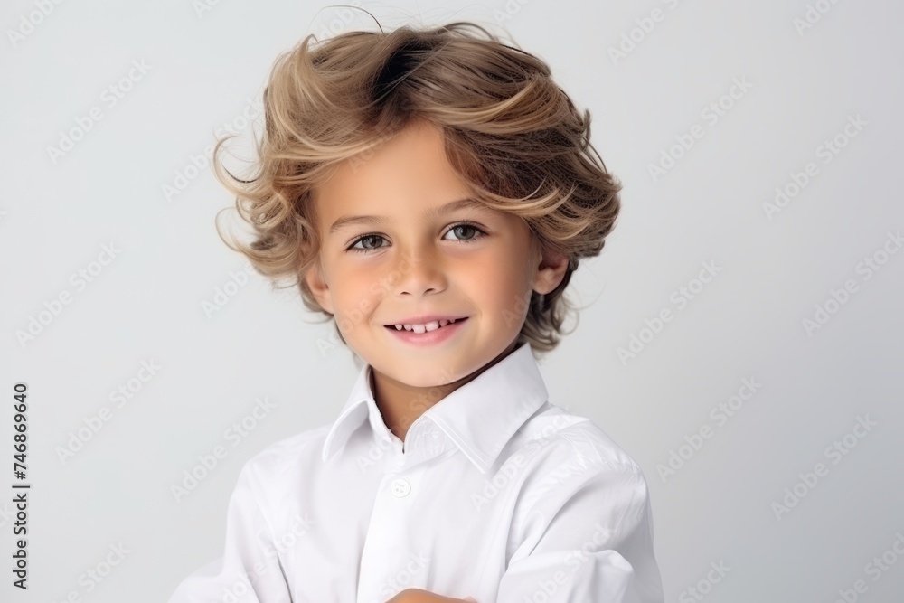 portrait of a cute little boy in a white shirt on a gray background portrait of a cute little boy in a white shirt on a gray background