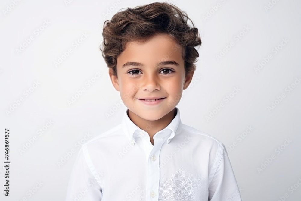 Portrait of a cute little boy in a white shirt on a gray background Portrait of a cute little boy in a white shirt on a gray background