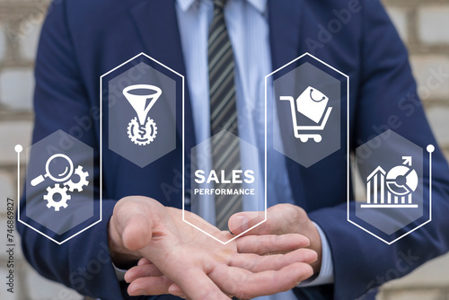 Businessman using virtual interface sees inscription: SALES PERFORMANCE. Sales performance management and report concept. Drive sales performance to optimize window opportunity for sale. photo