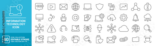 Collection of information technology icons, global internet, IT, system, network, data center, computer, vector template editable stroke, EPS 10.