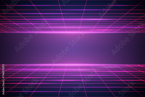 Futuristic neon grid background. Wireframe 80s 90s style. Retro wave cyberpunk surface.