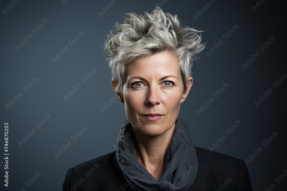 Portrait of a beautiful middle-aged woman with short hair on a dark background Portrait of a beautiful middle-aged woman with short hair on a dark background