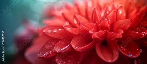 Vibrant Red Flower Close-Up Covered in Shimmering Water Droplets Natural Beauty Background