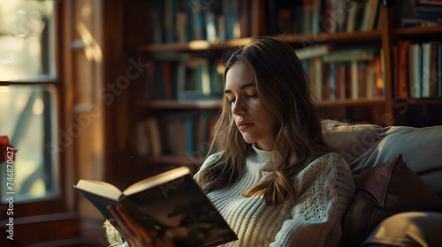 Jovem mulher lendo livro em poltrona aconchegante à luz natural perto da janela photo