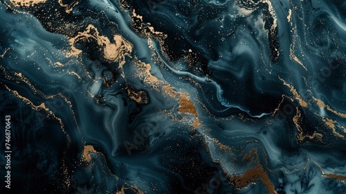 Abstract ocean- ART. Natural Luxury. Style incorporates the swirls of marble or the ripples of agate. Very beautiful black paint with the addition of gold powder - generative ai