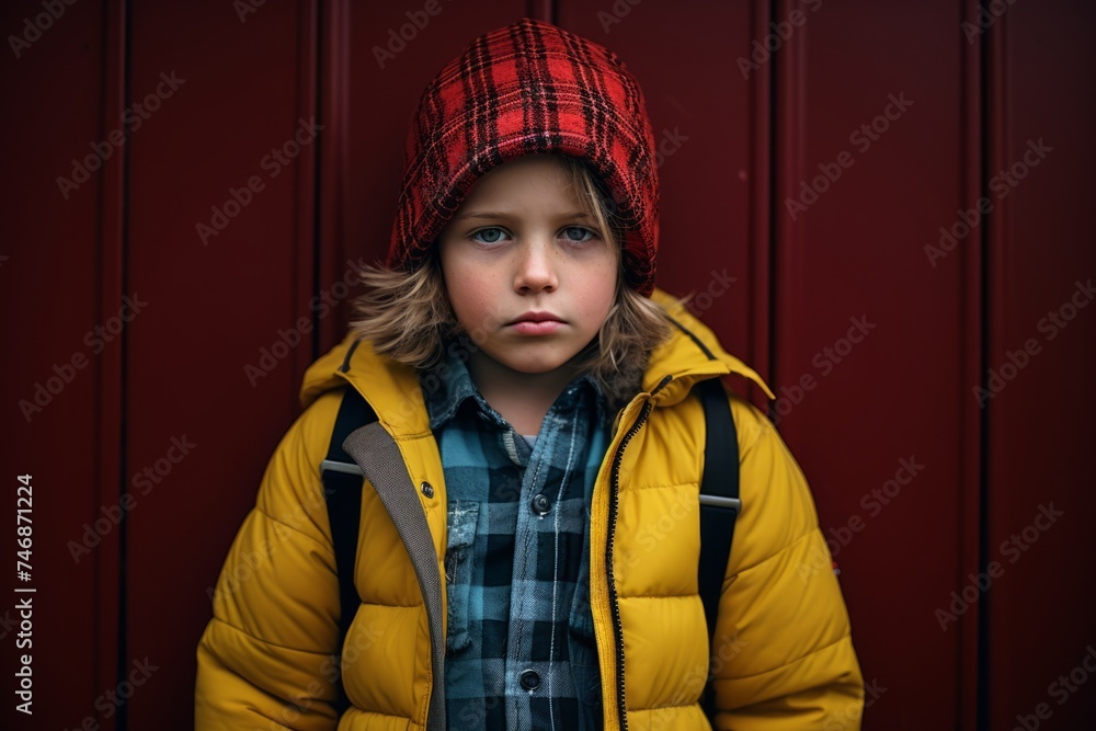 Portrait of a little boy in a yellow jacket and a red cap on a red background Portrait of a little boy in a yellow jacket and a red cap on a red background
