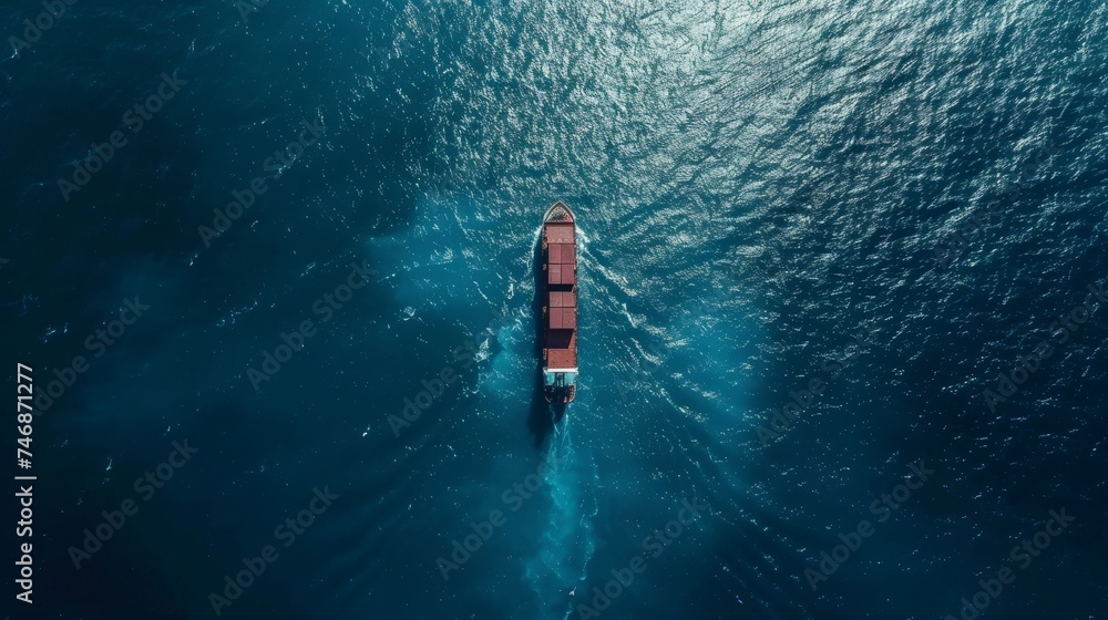 Aerial view of container cargo ship on the open sea, industrial maritime transportation concept