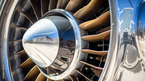 Intricate Jet Engine Turbine Detail in Sunlight. Generative ai