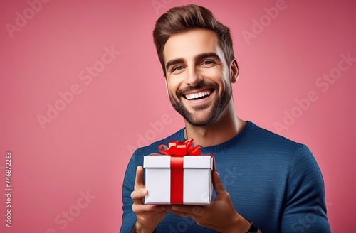 Happy smiling man holding gift box on a colored background. Postcard template Happy Mother's Day, International Women's Day, Birthday, Valentine's Da © Kseniya Ananko