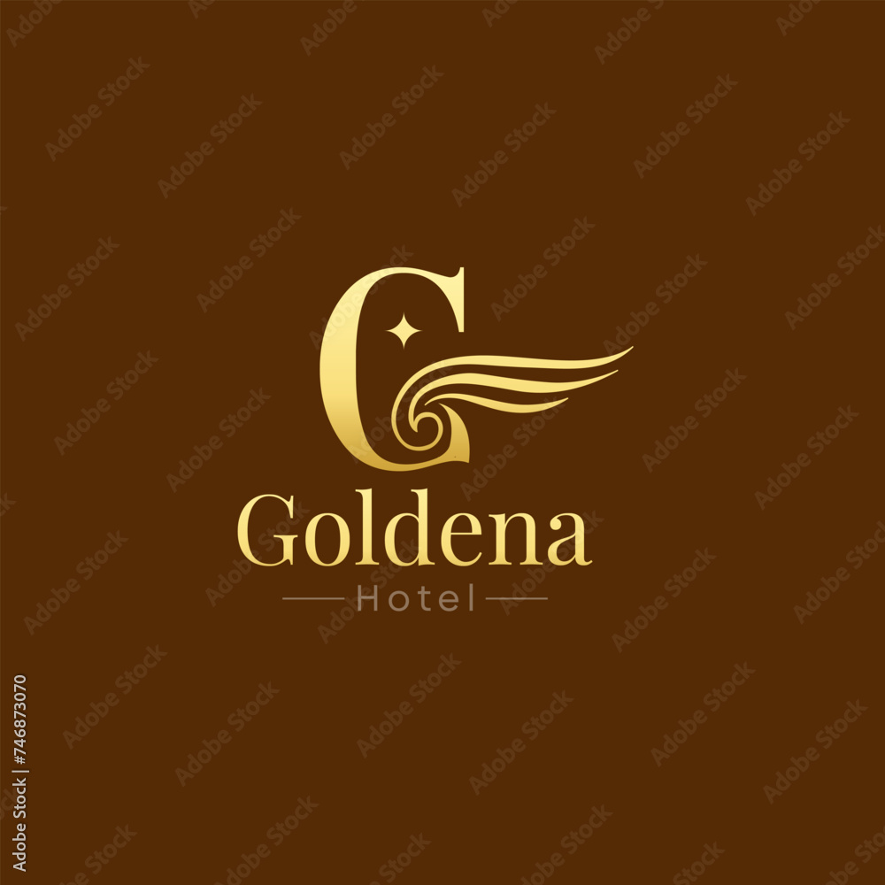 Goldena Hotel Logo Vector  Illustration. Template Design Idea Combining Initial G Letter with classic wings