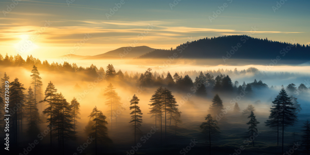 Mystical Sunrise: Serene Forest Landscape With Fog and Mist, Embracing the Beauty of Nature at Dawn Mystical Sunrise: Serene Forest Landscape With Fog and Mist, Embracing the Beauty of Nature at Dawn