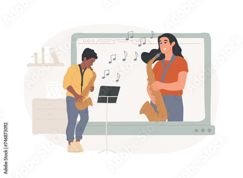 Online music lessons isolated concept vector illustration. Live video conferencing, music teacher, covid quarantine, online private practice, professional advice, stay at home vector concept.