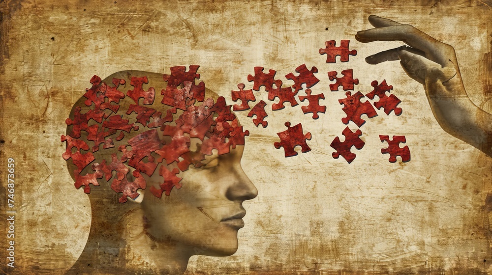 Human head profile with jigsaw puzzle pieces, concept of cognitive psychology and psychotherapy - obrazy, fototapety, plakaty 