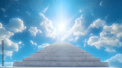 Stairs leading upwards to the sky surrounded by clouds