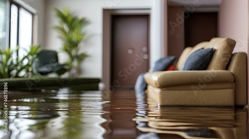                                                                                            Disaster  flood.Every house is flooded due to the heavy rain.living room  insurance. blurred background. Generative AI