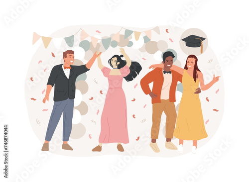 Prom party isolated concept vector illustration. Prom night invitation, promenade school dance, graduate occasion, school ball, students party, glamorous event, special night vector concept.
