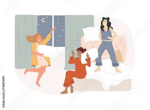 Pajama party isolated concept vector illustration. Friends sleepover, birthday celebration idea, kids having fun, slumber night, pajama party for children, bachelorette event vector concept.