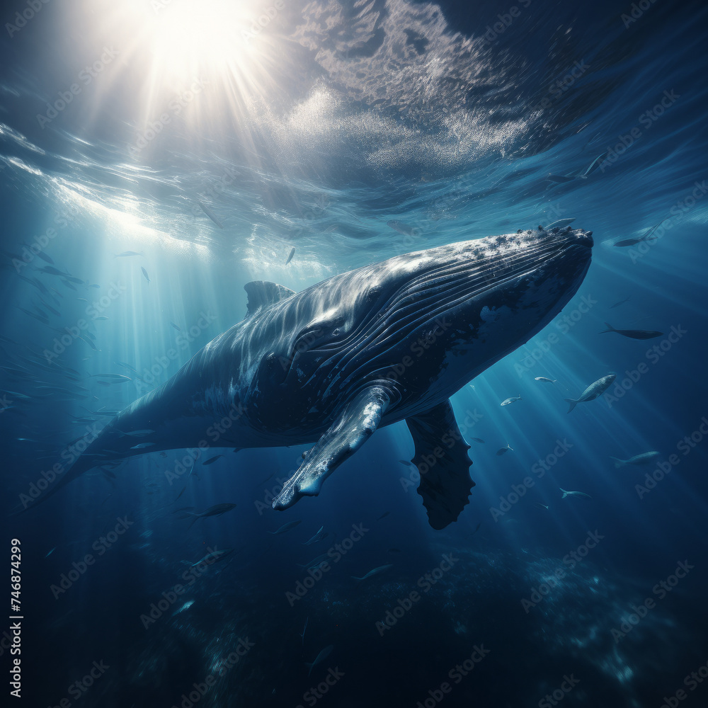 Fototapeta premium a cinematic photo of a whale in the deep blue sae, Whale is close to camera, beautiful Blue water, stunning sunbeams cutting through the water