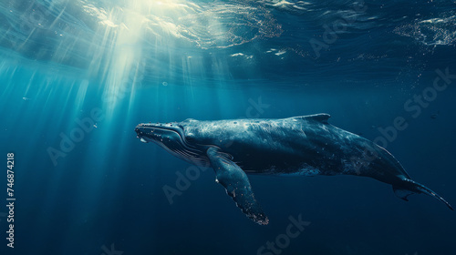 a cinematic photo of a whale in the deep blue sae, Whale is close to camera, beautiful Blue water,  stunning sunbeams cutting through the water © Christian