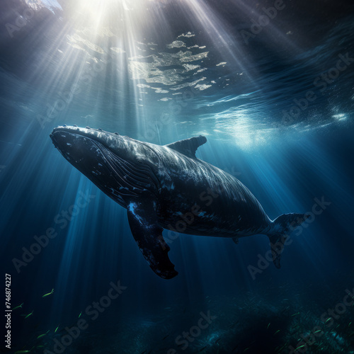 a cinematic photo of a whale in the deep blue sae, Whale is close to camera, beautiful Blue water, stunning sunbeams cutting through the water
