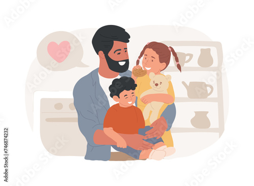 Fatherhood care isolated concept vector illustration. Fatherhood institute, care and domestic work, together at home, fathers day, relationship with child, happy kid family vector concept.